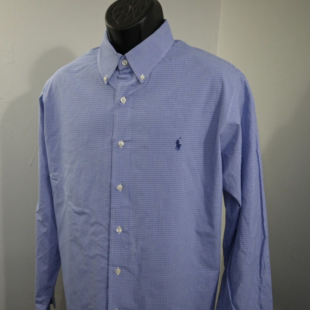 Polo Ralph Lauren Dress Shirt Mens 17 34/35 Classic Fit Blue Gingham Button Up
